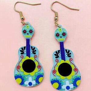 NEW Blue Floral Sugar Skull Day of Dead Guitar Dangle Earrings